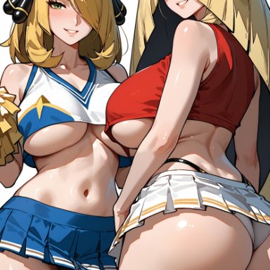 game freak, nintendo, pokemon, pokemon dppt, pokemon sm, cynthia (pokemon), lusamine (pokemon), flyingpancake, 2girls, alternate breast size, breasts, cheerleader, cheerleader uniform, female, green eyes