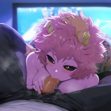 my hero academia, ashido mina, mina ashido, ameanon, blowjob, blush, hand on head, living room, night, pink hair, pink skin, steam, ai generated