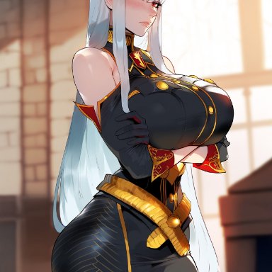 valkyria chronicles, selvaria bles, floox, 1girls, angry, angry face, arms crossed, arms crossed under breasts, big breasts, big butt, blush, booty, breasts, bubble butt, curvy