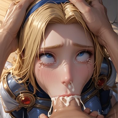 league of legends, luxanna crownguard, serotec, 1female, 1girls, ahe gao, ahegao face, armor, armored female, athletic female, blonde female, blonde hair, blue eyes, breastplate, crying