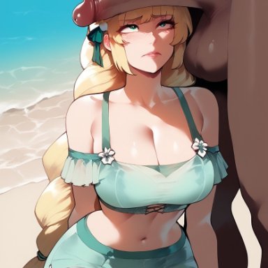 fire emblem, fire emblem heroes, fire emblem: three houses, nintendo, ingrid brandl galatea, ingrid brandl galatea (summer), floox, 1boy, 1girl, beach, big breasts, big penis, bikini, blonde hair, blush