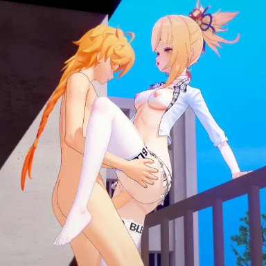 genshin impact, aether (genshin impact), yoimiya (genshin impact), kksallyear, 1boy1girl, balcony, belt, belt choker, bleached, bleached clothing, blonde hair, breasts, checkered jacket, checkered skirt, choker