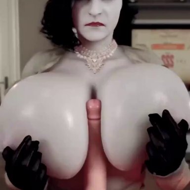 biohazard, capcom, resident evil, resident evil 8: village, alcina dimitrescu, ethan winters, almightypatty, taironva, 1boy, 1girls, alternate breast size, big breasts, boobjob, breasts, cum