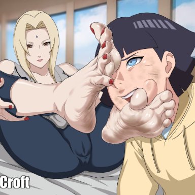 boruto: naruto next generations, naruto, naruto (series), tsunade, uzumaki himawari, footcroft, 2girls, age difference, bare legs, barefoot, cameltoe, feet, feet fetish, feet on face, female