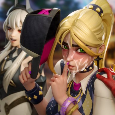 epic games, fortnite, fortnite: battle royale, helsie (fortnite), lexa (fortnite), princess lexa (fortnite), eclair stones, eclairstones, blender, blonde hair, clothed, clothing, cum, cum on face, duo