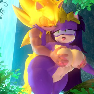 sonic (series), sonic the hedgehog (series), queen aleena, sonic the hedgehog, super sonic, leviantan581re, 1boy, 1girls, anthro, areolae, ass, big ass, big breasts, black hair, breast grab