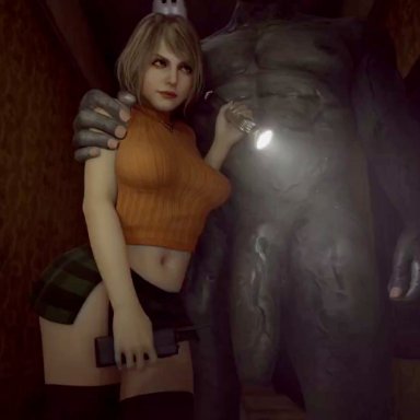 capcom, resident evil, resident evil 4 remake, ashley graham, ashley graham (ella freya), mr x, x3d, 1girls, big breasts, blonde female, blonde hair, blowjob, blowjob face, bouncing, bouncing breasts