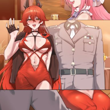 goddess of victory: nikke, commander (nikke), dorothy (nikke), red hood (nikke), red hood (nonsense red) (nikke), saki (remainaddd), 1boy, 2girls, ass, ass grab, bare shoulders, black gloves, black jacket, breasts, brown jacket