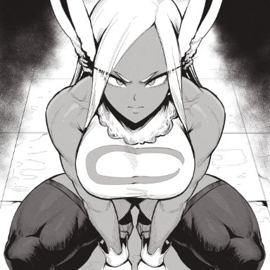 boku no hero academia, my hero academia, mirko, miruko, rumi usagiyama, speedl00ver, 1girls, animal ears, bare shoulders, breasts, closed mouth, crescent print, female, fur collar, gloves