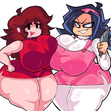 friday night funkin, girlfriend (friday night funkin), nene (newgrounds), dork boi, lewd dorky, :d, 2girls, auburn hair, black hair, breast to breast, breasts, clothed, female, female only, huge ass