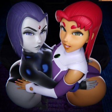 dc, dc comics, teen titans, koriand'r, raven (dc), starfire, starfire (comics), smitty34, 2girls, alien, alien girl, alien humanoid, arms, ass, ass grab