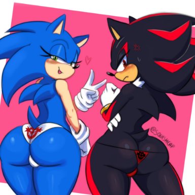 sonic (series), sonic the hedgehog (series), shadow the hedgehog, sonadow, sonic the hedgehog, squishcap (artist), 2boys, angry, anthro, ass focus, backsack, big ass, black fur, black nose, blue fur