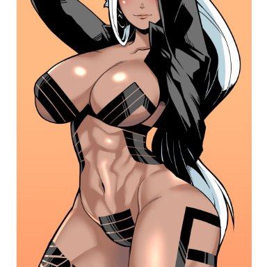 my hero academia, miruko, rumi usagiyama, deaf (artist), 1girls, abs, alternate hairstyle, animal ears, arms behind head, arms up, big breasts, blush, breasts, bunny ears, clothing