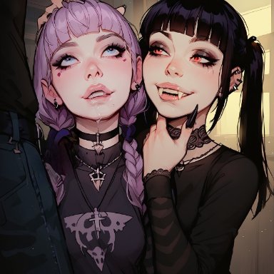 2girls, fangs, goth, goth girl, hypnosis, imminent oral, long fingernails, mind control, thinking, vampire, ai generated