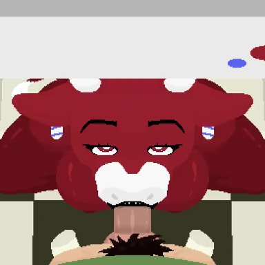 the laughing cow, laughing cow, shoestrang, anthro, blowjob, bottomless male, bovine, bovine humanoid, cowgirl, faceless male, fridge, furry, inside compartment, inside fridge, looking at viewer