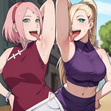 boruto: naruto next generations, naruto, naruto (series), haruno sakura, ino yamanaka, sakura haruno, yamanaka ino, 2girls, arm up, armpit fetish, armpit licking, armpit lover, armpits, bare shoulders, big breasts