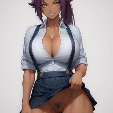 ai generated, bleach, shihouin yoruichi, bangs, black clothes, black legwear, black thighhighs, blue skirt, blush, breasts, brown thighhighs, cleavage, clothes lift, clothes pull, clothing