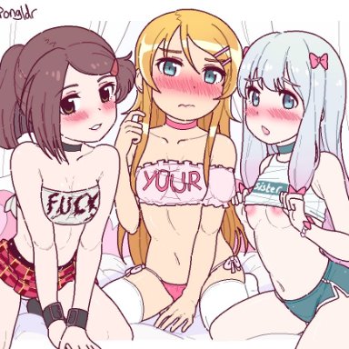 eromanga sensei, kissxsis, izumi sagiri, kousaka kirino, suminoe ako, pongldr, 3girls, aqua choker, aqua shorts, bare shoulders, black choker, black wristband, blonde hair, blue eyes, blush