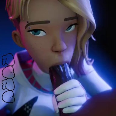 marvel, marvel comics, spider-man (series), gwen stacy, gwen stacy (spider-verse), miles morales, spider-gwen, ruru3dx, 1boy, 1girls, asymmetrical hair, blonde hair, blue eyes, bodysuit, cute