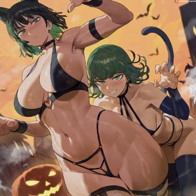 halloween, one-punch man, fubuki (one-punch man), tatsumaki, shexyo, 2girls, bats, big breasts, bikini top, cat ears, cat tail, green hair, pointy chin, pumpkin