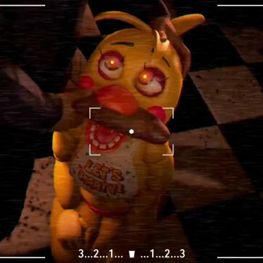 five nights at freddy's, five nights at freddy's 2, toy chica (fnaf), froggysfm, nottanj, 1boy, 1boy1girl, carrying, carrying partner, fellatio, female, from behind, fucked silly, glowing eyes, mating press