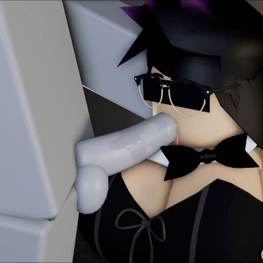 roblox, iris (rusmynth), original character, robloxian, rusmynth, 1boy, 1girls, balls, black hair, blowjob, breasts, bunny ears, bunnysuit, cleavage, clothed