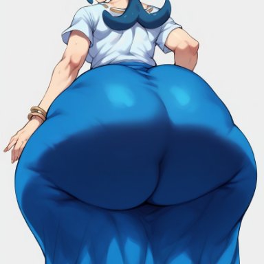 nintendo, pokemon, lana's mother (pokemon), gvukub, 1girls, ass bigger than head, big ass, blue eyes, blue hair, blush, fat ass, female, female only, huge ass, human