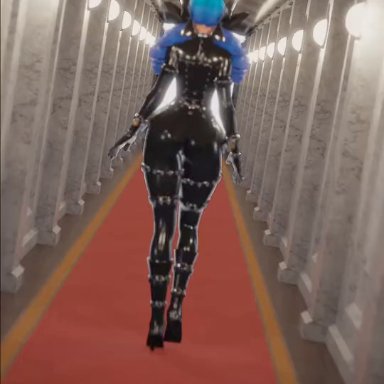 league of legends, gwen (league of legends), glitcheddesire, blue hair, bodysuit, camera, kiss mark, kissing, latex, looking at viewer, padlock, walking, 3d, 9:16, animated