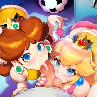 mario (series), super mario bros., princess daisy, princess peach, tittyg-ai, 1boy, 1girls, 2girls, ass, ball sucking, collaborative fellatio, fellatio, handjob, light skin, light-skinned female