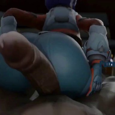 overwatch, overwatch 2, juno (overwatch), kishi, 1boy, 1girls, ass, ass focus, big penis, bodysuit, buttjob, dark skin, dark-skinned male, female, from behind