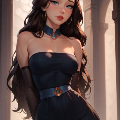 avatar legends, avatar the last airbender, nickelodeon, katara, sarahvividart, 1girls, alternate costume, arms behind back, black dress, blue eyes, blush, blushed, braided hair, brown hair, cowboy shot