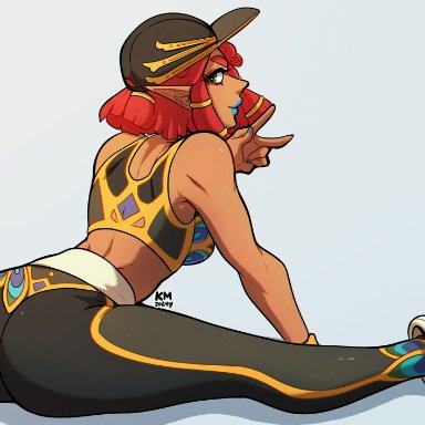 nintendo, tears of the kingdom, the legend of zelda, gerudo, riju, kinkymation, 1girls, ass, big ass, blue lipstick, blue nail polish, blue nails, breasts, cap, dark skin