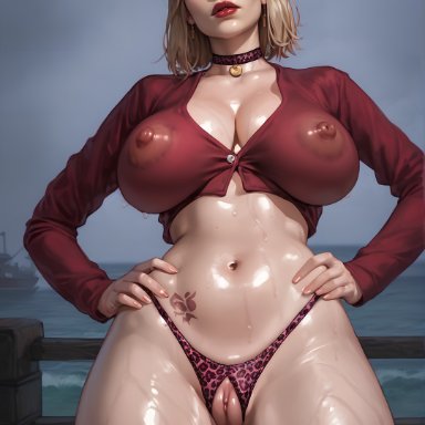 konami, silent hill, silent hill 2, maria (silent hill), sensualdiffusion, blonde hair, choker, cutout, dripping, erect nipples, femdom, large breasts, leopard print, micro bikini, pussy