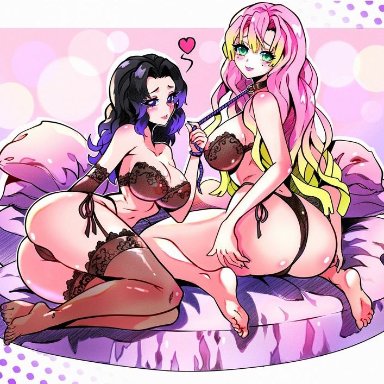 demon slayer, kimetsu no yaiba, kanroji mitsuri, kochou shinobu, hfxpins, 2girls, ass, bed, black hair, collar, feet, leash, leash and collar, lesbian, lingerie