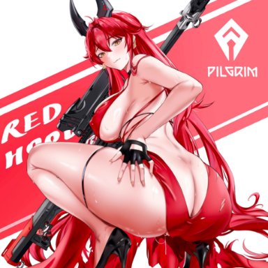 goddess of victory: nikke, red hood (nikke), red hood (nonsense red) (nikke), ass, ass cutout, ass focus, beatheart, black footwear, black gloves, black horns, breasts, butt crack, cleavage, clothing cutout, covered erect nipples