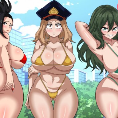 my hero academia, camie utsushimi, momo yaoyorozu, tokage setsuna, raydonxd, 3girls, ass, big ass, big breasts, big thighs, bikini, black hair, blonde hair, breasts, busty