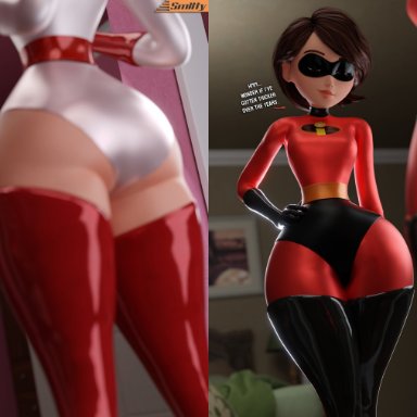 the incredibles, elastigirl, helen parr, smitty34, ass, ass expansion, before and after, female, female only, huge ass, latex, latex gloves, milf, mirror, superheroine