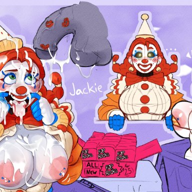 five nights at freddy's, jackie (fnaf), the mimic (fnaf), zhenai, 1girls, after fellatio, after sex, animatronic, areola slip, areolae, balloon, big areola, big breasts, bikini, bikini top