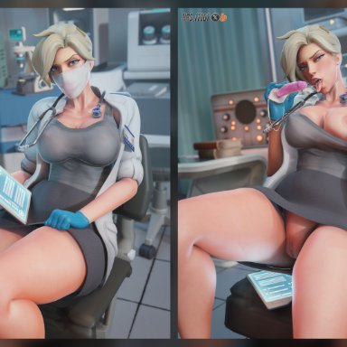 blizzard entertainment, overwatch, overwatch 2, angela ziegler, dr. ziegler, mercy, hasfeldt, 1girls, blush, breasts, dildo, dildo gag, dildo in mouth, dildo mask, doctor