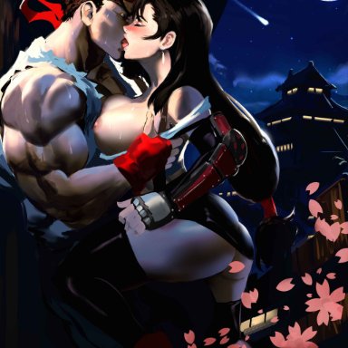 capcom, final fantasy, final fantasy vii, square enix, street fighter, ryu (street fighter), tifa lockhart, mashingvaquita, 1boy, 1girl, 1girls, areolae, balcony, bandana, big breasts