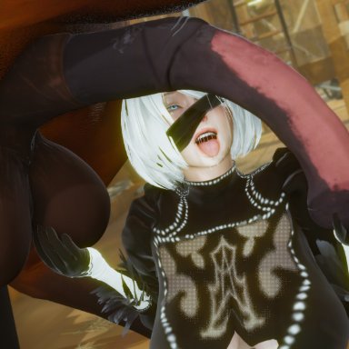 honey select 2, nier: automata, yorha 2b, viktorkrev, 1animal, 1girls, animal genitalia, big penis, blue eyes, equine, equine genitalia, equine penis, female, horse, horse penis