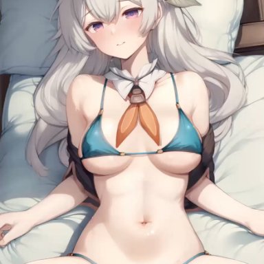 guns girlz (series), honkai: star rail, firefly (honkai: star rail), kimoshi, 1boy, aqua bikini, aqua swimsuit, bangs, bare shoulders, bed, bed sheet, bikini, black hair ornament, black hairband, blue bikini