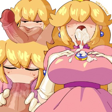 mario (series), nintendo, princess peach, shelftray, 1boy, 1girls, ball sniffing, ball worship, balls, big breasts, blonde female, blonde hair, blowjob, blue earrings, blush