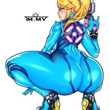 metroid, samus aran, zero suit samus, maleek mv (m.mv), 1girls, ass, ass cleavage, athletic female, back view, big ass, bimbo, blonde hair, blue eyes, bodysuit, cleavage