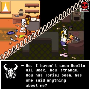 deltarune, asgore dreemurr, kris (deltarune), noelle holiday, toriel, mayin, ass, ass up, bbw, bbw mom, bondage, breasts, breasts out, brown hair, condom