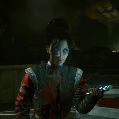 cyberpunk 2077, panam palmer, v (cyberpunk 2077), 1boy, 1girls, black hair, brown hair, clothing, cum, cum in mouth, ejaculation, handjob, large penis, light skin, light-skinned male