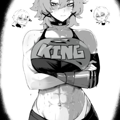 zenless zone zero, belle (zenless zone zero), caesar king, caesar king (zenless zone zero), wise (zenless zone zero), masoq095, !?, 1boy, 2girls, abs, accessory, athletic, athletic female, choker, grey hair