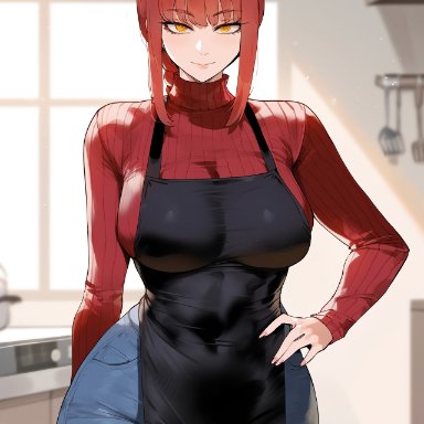 chainsaw man, makima (chainsaw man), creamy ai, apron, braid, curvy, denim, jeans, kitchen, large breasts, long hair, narrow waist, red hair, red sweater, sweater