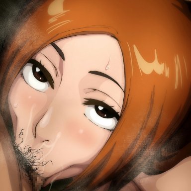 bleach, inoue orihime, iwao178, :&gt;=, 1boy, 1girls, all the way to the base, big breasts, blowjob, blush, breasts, brown eyes, cock hungry, completely nude, dark skin