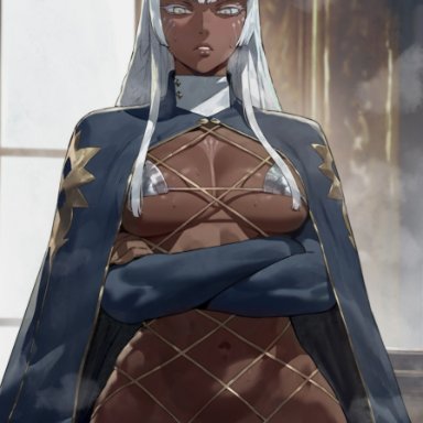 metaphor: refantazio, brigitta lycaon, shexyo, arms crossed, bangs, bikini, dark skin, dark-skinned female, face markings, fringe, long hair, looking at viewer, straight hair, swimsuit, thick thighs